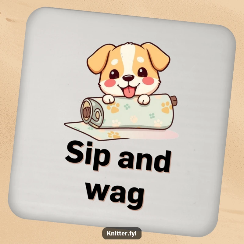 Funny Drink Coaster showcasing a happy dog carefully unrolling a roll of patterned fabric, a humorous addition to any table.