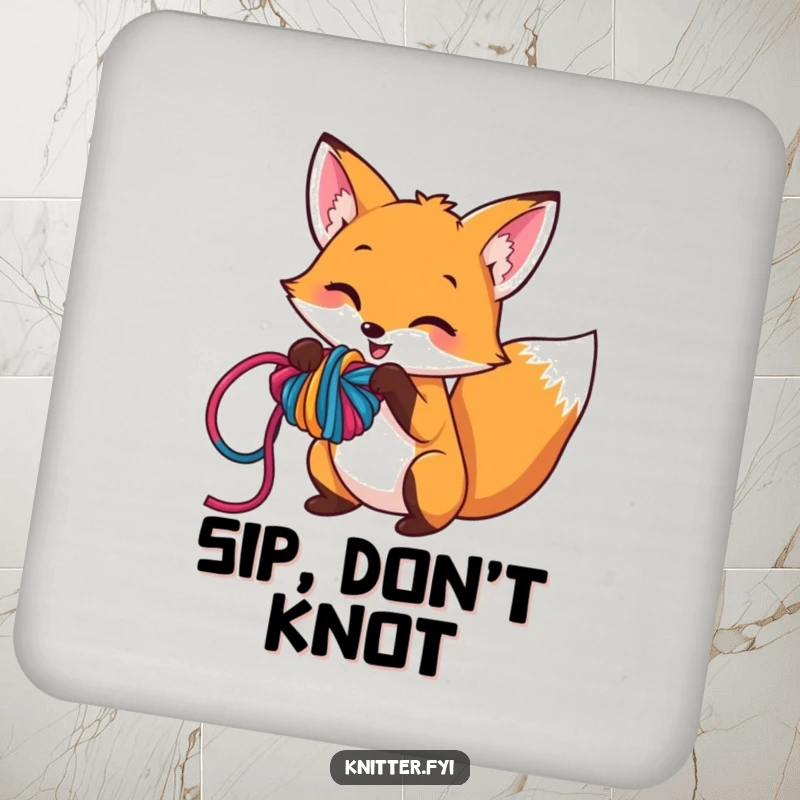 Funny drink coaster with a mischievous fox character playfully tangling colorful yarn into a knot, adding a humorous touch to tabletops.