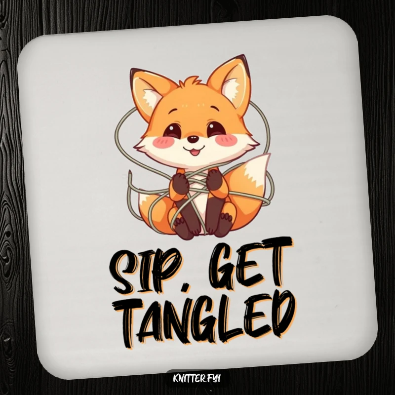 Funny Fox Yarn Coaster Set with a playful fox character smiling while tangled in a web of colorful yarn, perfect for tables.