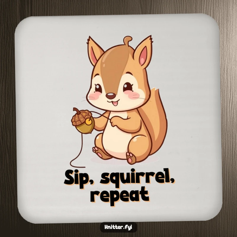 Funny Squirrel Drink Coaster: A cheerful squirrel carefully stitches a tiny acorn cap, offering humorous surface protection.