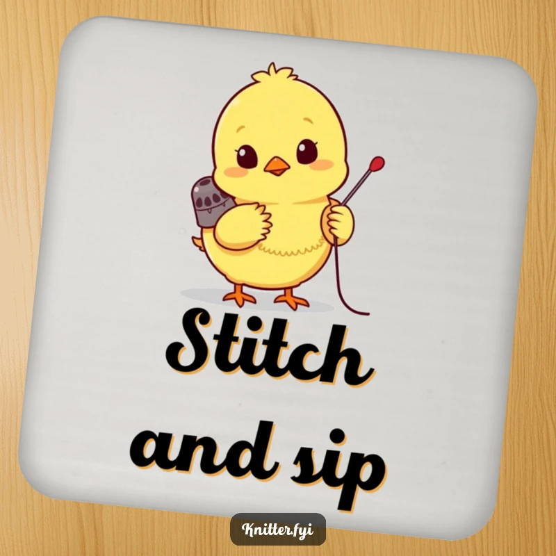 Funny chick coaster, a bright yellow chick wearing a tiny thimble, eagerly pushing a needle, protecting surfaces with charm.