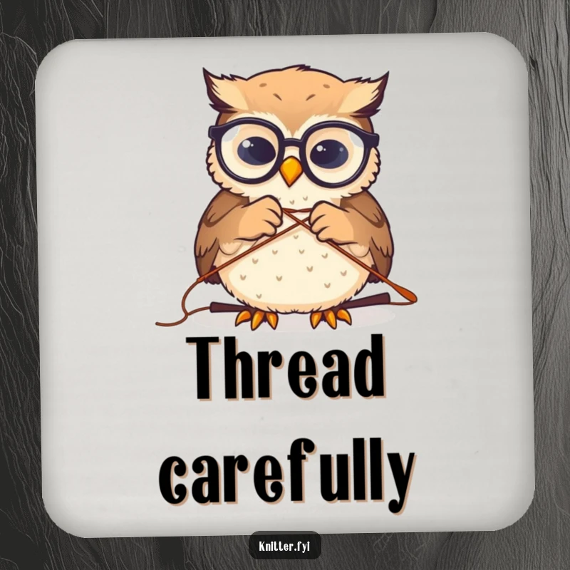 Funny coaster showcasing a small owl with eyeglasses, humorously threading a large sewing needle, protecting furniture with style.