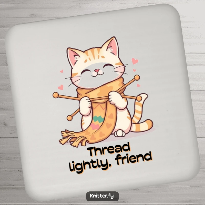 Funny cat coasters featuring a happy cat knitting a very long, colorful scarf with large needles. Protects surfaces humorously.