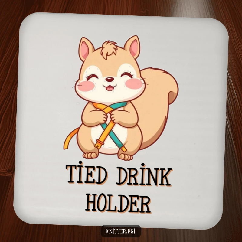 Funny squirrel drink coaster showing a contented character happily knotting bright ribbons together, adding whimsical charm.