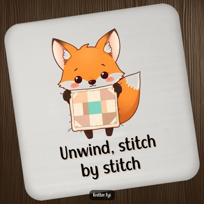 Funny fox coasters featuring a cheerful fox holding up a perfectly stitched tiny quilt. Protects surfaces with humor.