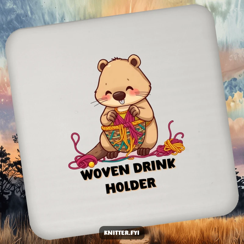 Funny beaver drink coaster depicting a beaver weaving an intricate basket from colorful threads, adding humor to surfaces.