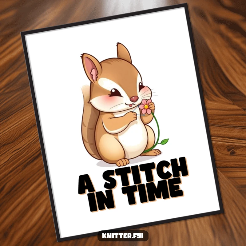 Funny poster print of a squirrel concentrating intensely while stitching a miniature flower with great care and skill.