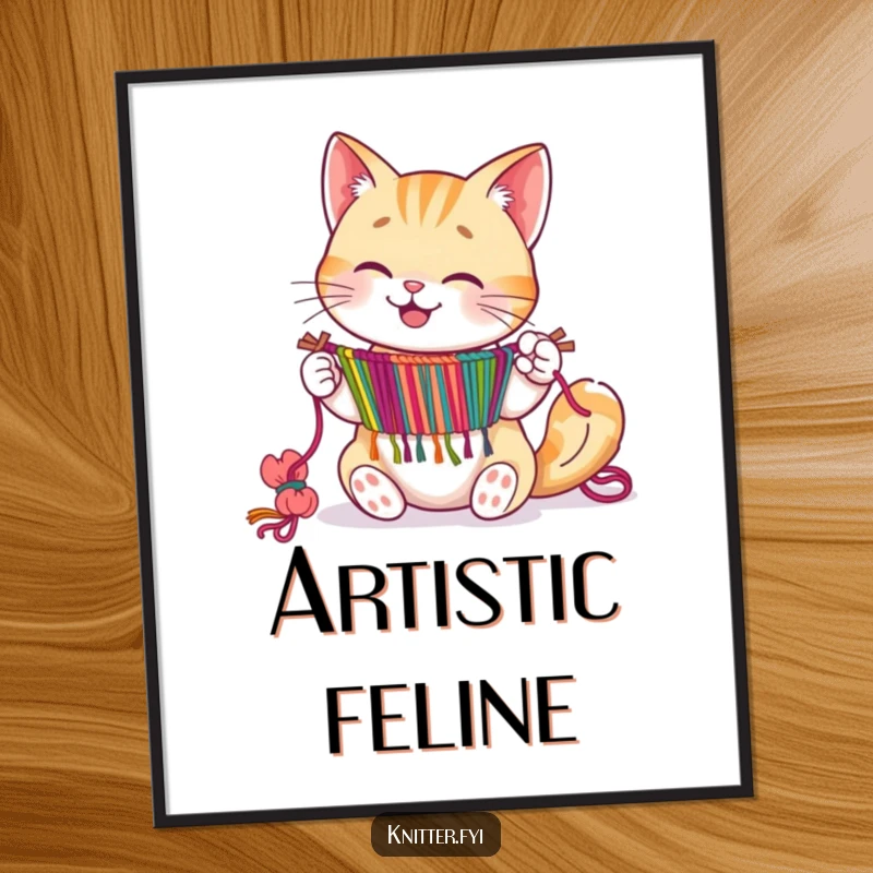 Happy cat character deftly weaving a colorful tapestry with its paws, as wall art.