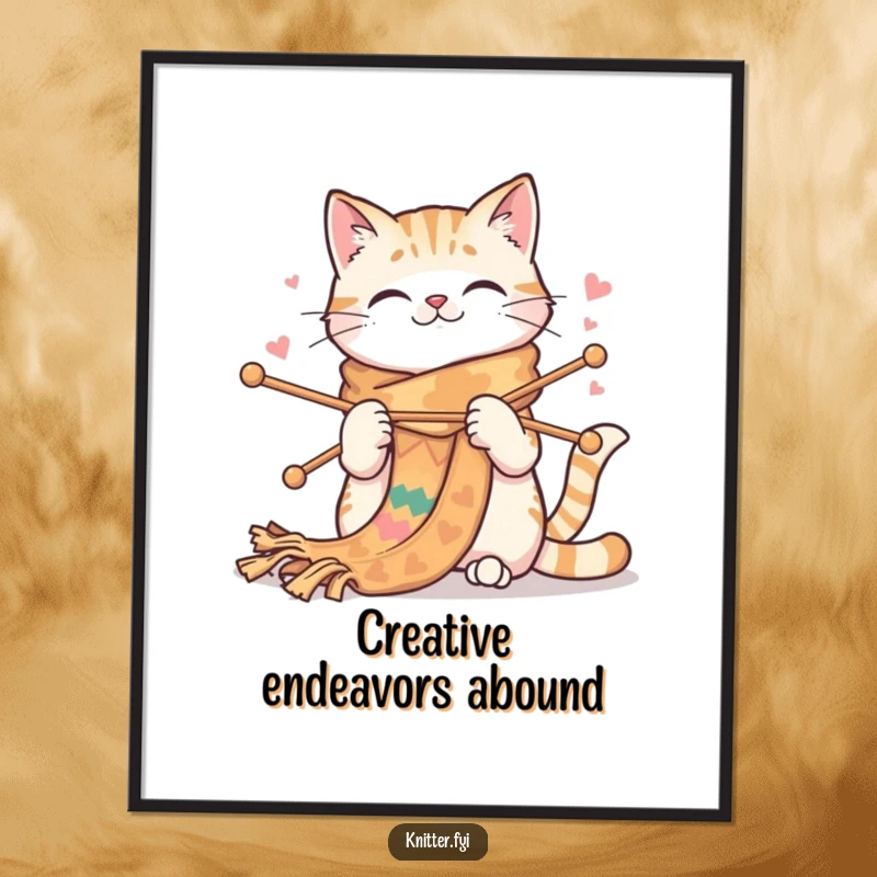 Funny cat poster displaying a happy cat knitting a very long, colorful scarf with enthusiasm and large needles. Artistic and humorous.
