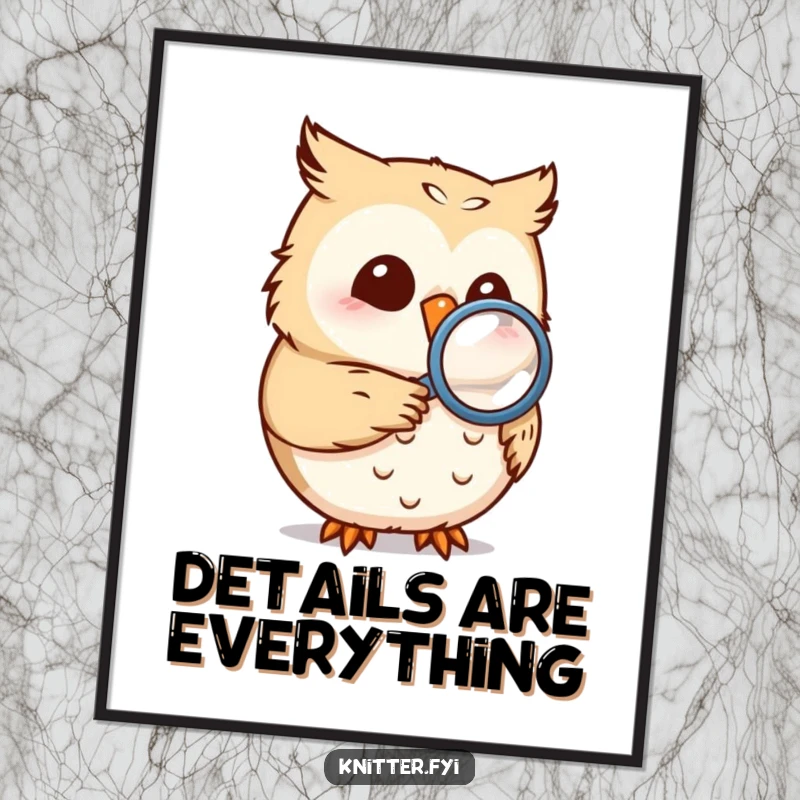 Funny owl poster featuring a smiling owl with a magnifying glass examining a seam, ideal humorous wall art.