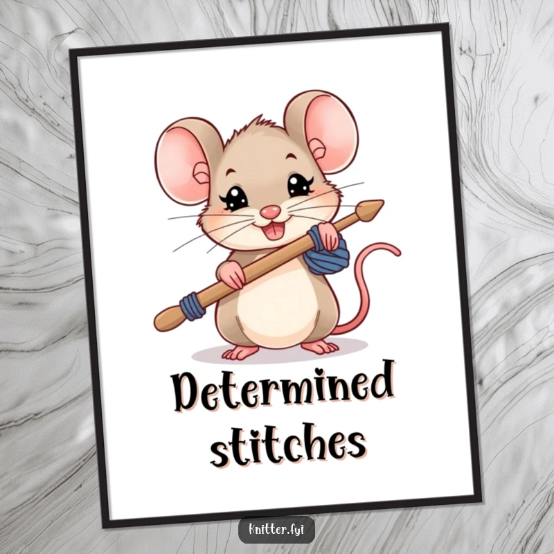 Funny mouse art poster, a small mouse holding oversized knitting needles with a determined grin, inspiring wall decor.
