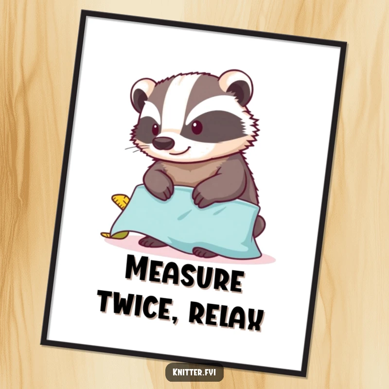 Funny badger poster of a badger measuring fabric with a tape measure, looking content, perfect for humorous wall decor.