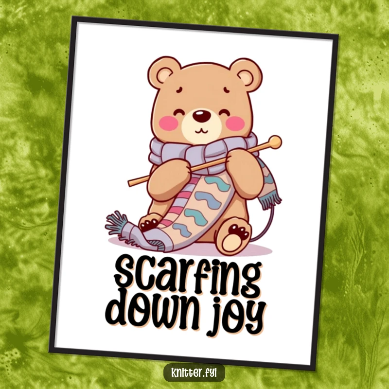 Funny poster art: a cheerful bear character knitting a long, vibrant scarf with oversized needles, exuding warmth and creativity.