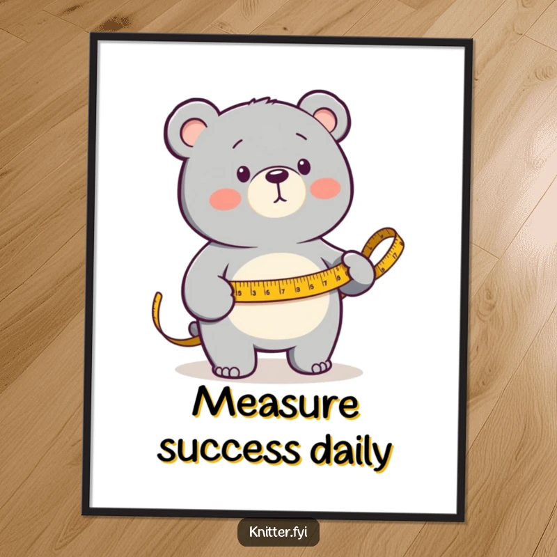 Funny Poster of a determined bear precisely measuring fabric with a golden measuring tape, a motivational and humorous artwork.