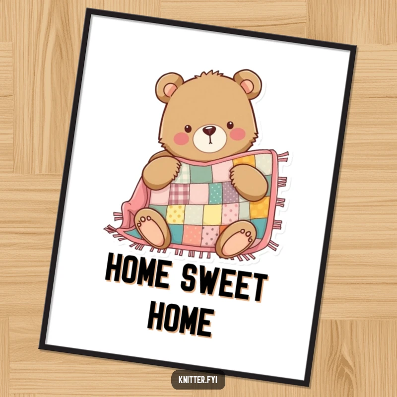 Funny Bear Quilting Poster: A determined bear proudly sews a patchwork quilt, creating cozy wall art.