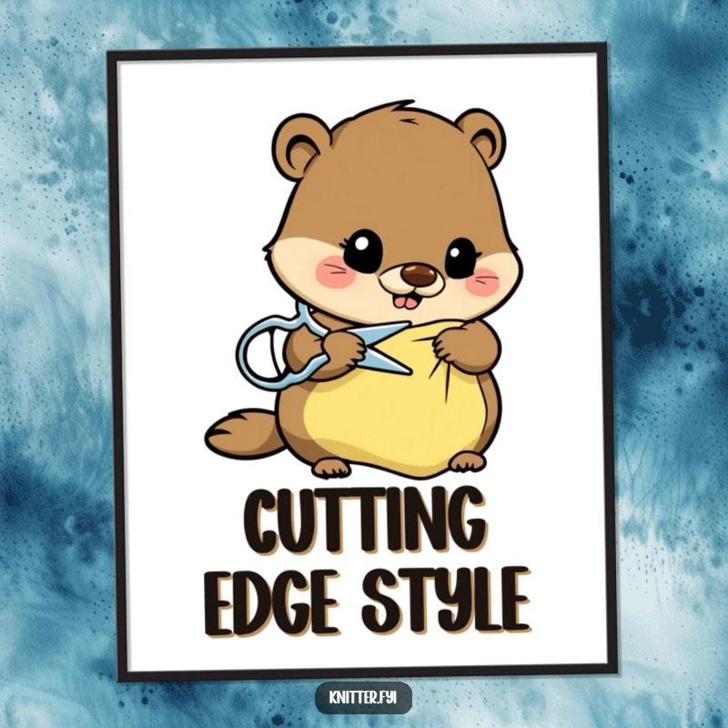 Funny beaver poster of a busy beaver cutting fabric with scissors, ideal humorous art for craft rooms.