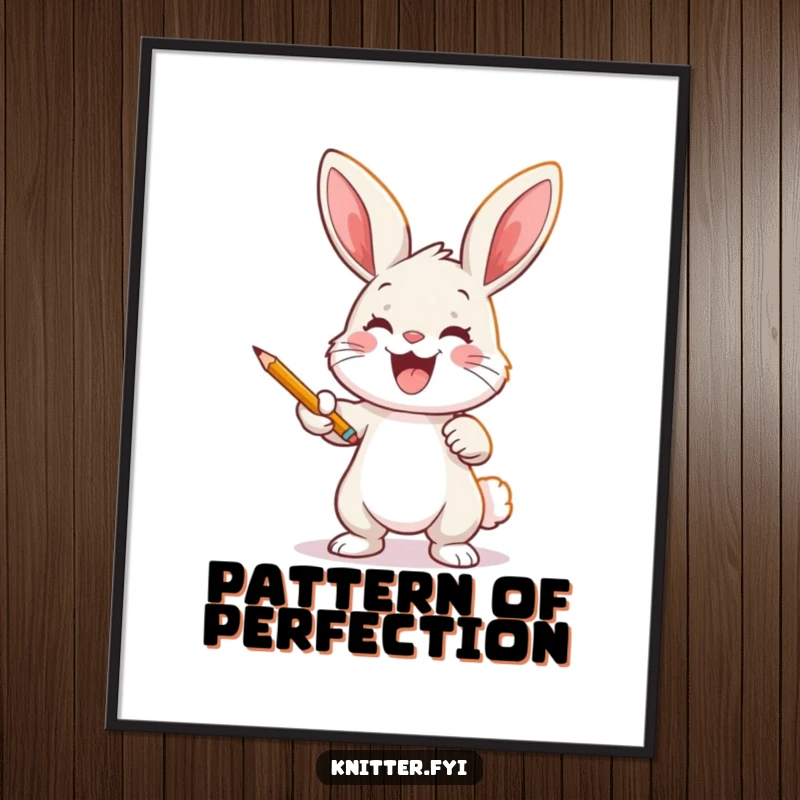 Funny bunny art poster showing a joyful rabbit casting a pattern onto fabric with a pencil, perfect wall decor.