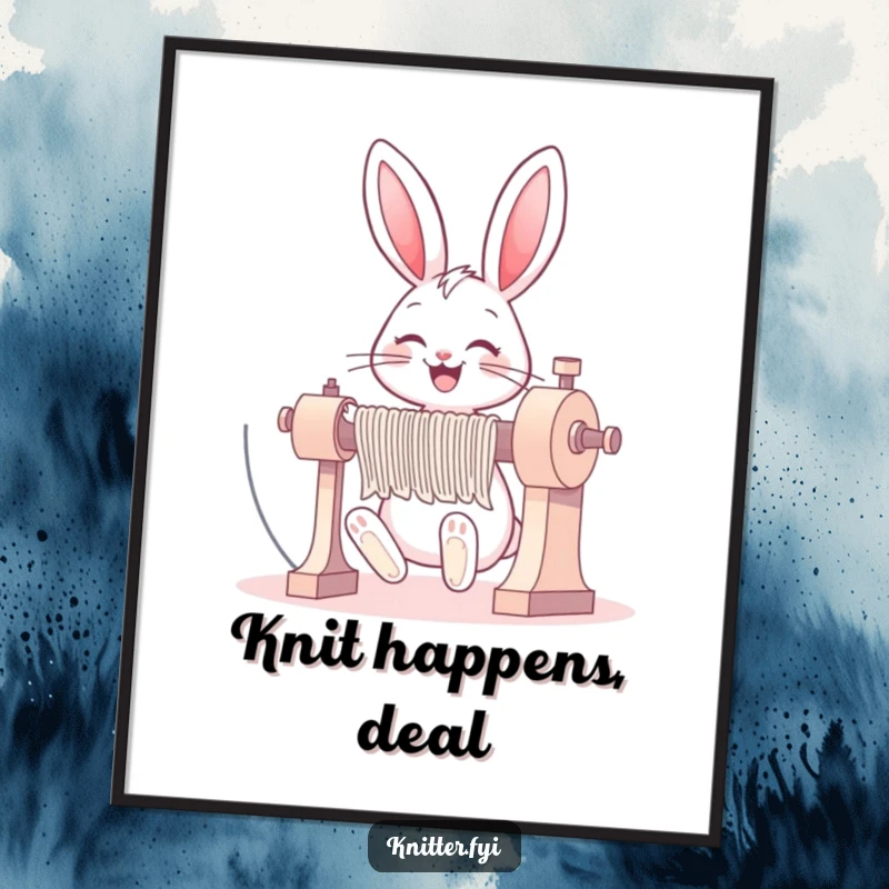 Funny bunny poster of a happy rabbit joyfully operating a large knitting machine with a big, infectious grin.