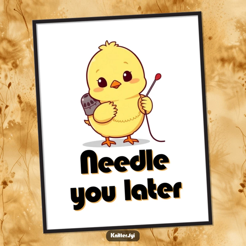 Funny chick art poster, a bright yellow chick wearing a tiny thimble, eagerly pushing a needle, inspiring wall decor.