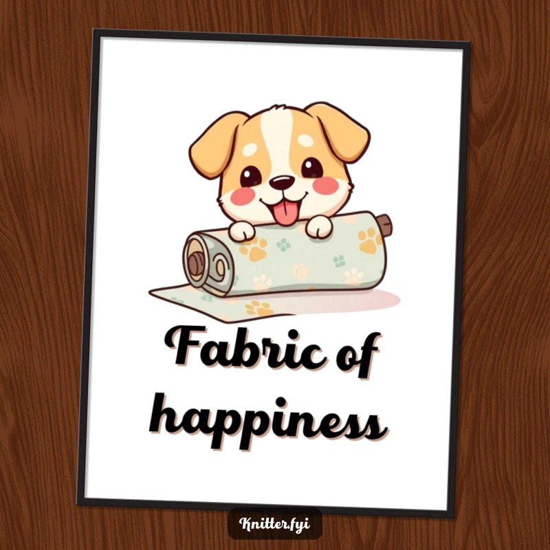 Funny Poster of a happy dog carefully unrolling a roll of patterned fabric, a heartwarming and joyful piece of art.