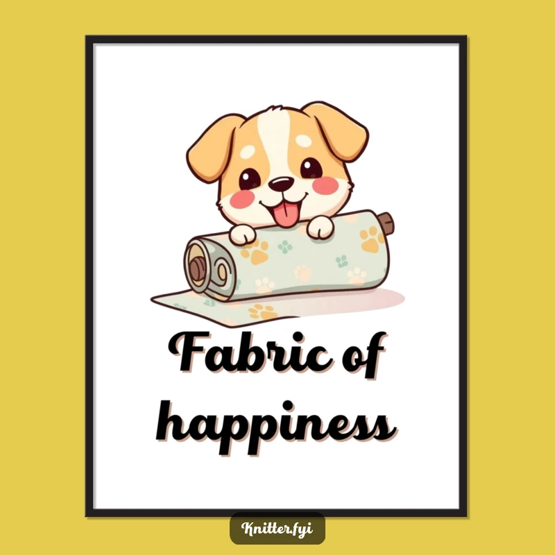 Funny Dog Fabric Poster: Happy Pup Unrolling Patterned Material Art, Artful Funny Gift