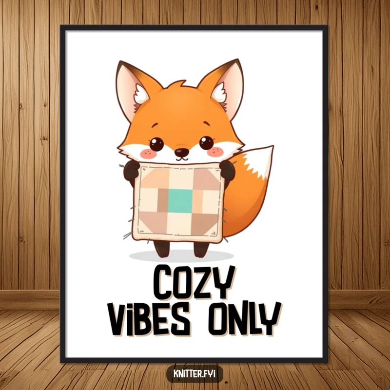 Funny fox poster featuring a cheerful fox holding up a perfectly stitched tiny quilt. Artistic and humorous.