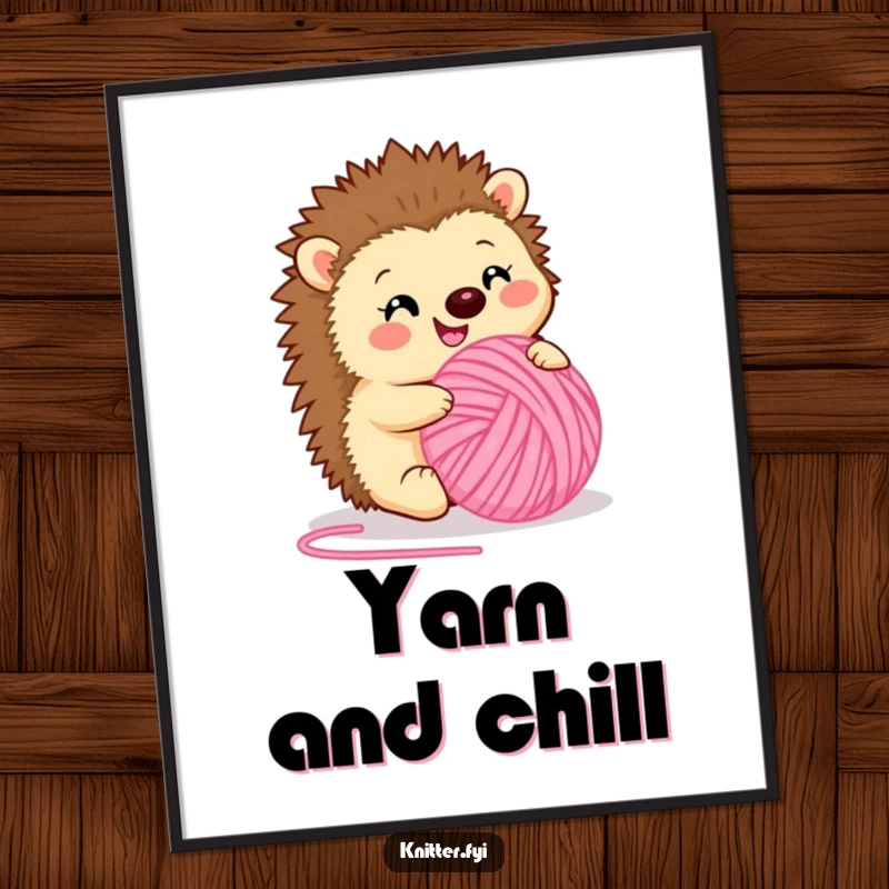 Funny poster art of a happy hedgehog enthusiastically rolling a ball of fuzzy pink yarn. Charming wall decor for crafters, a perfect funny gift.