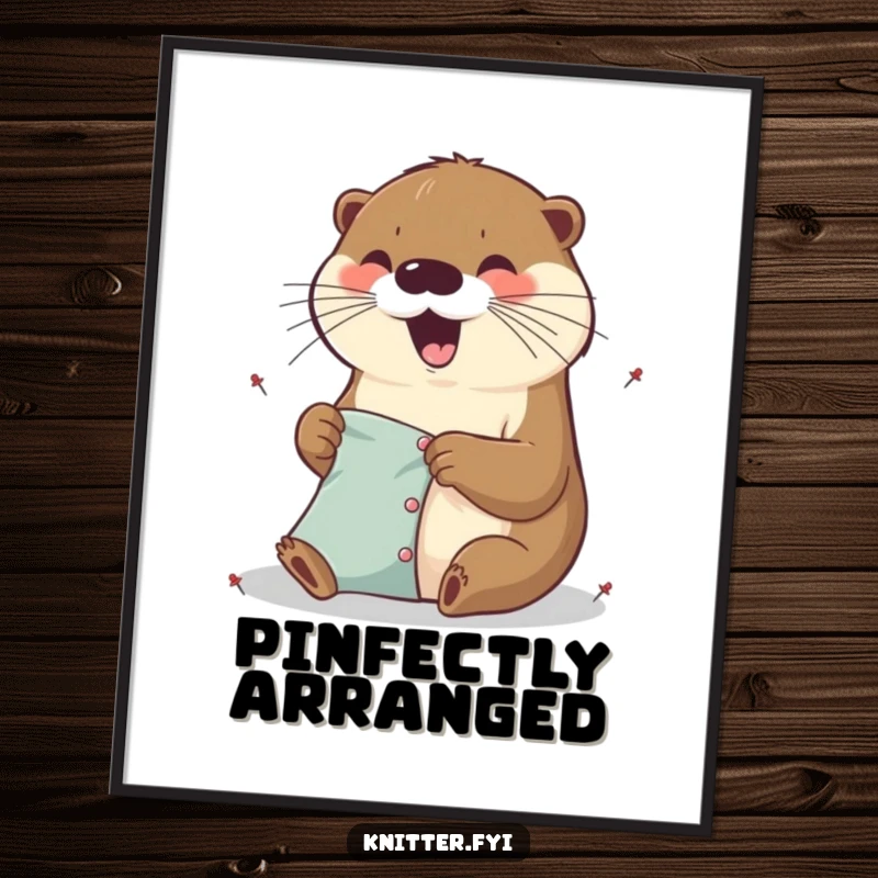 Funny excited otter poster pinning fabric with tiny pins, a precise illustration for wall art.