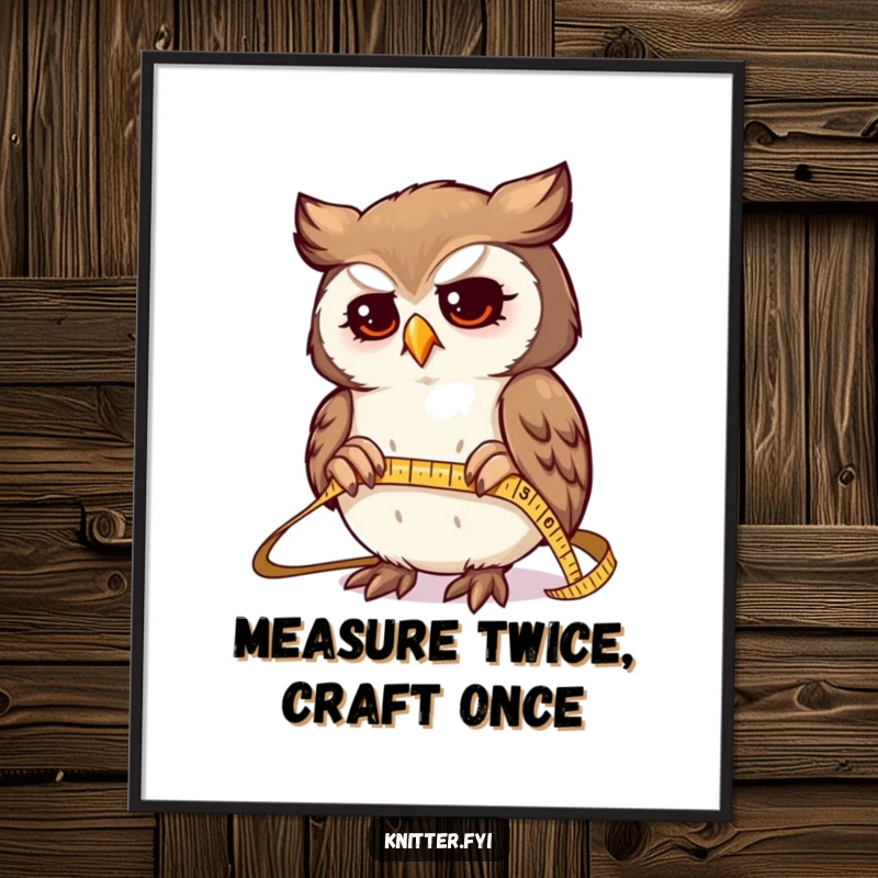 Funny poster art: a determined owl character expertly measuring fabric with a tiny, shiny tape measure, symbolizing precision.