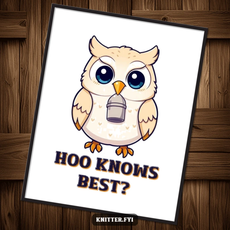 Funny owl poster with a thimble on its beak, looking delighted, perfect for adding whimsical humor to any room decor.