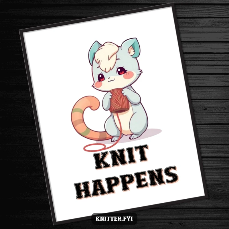 Funny poster: A playful creature with a long tail carefully winds yarn onto a spool, depicting focused crafting and creativity.