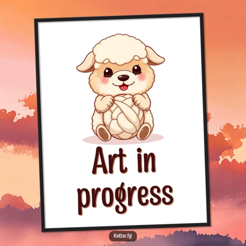 Funny sheepdog art poster, a fluffy dog happily spinning a ball of wool with its paws, charming wall decor.