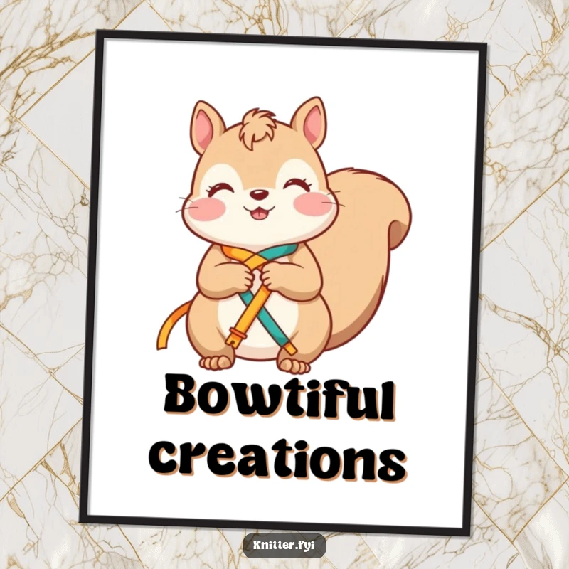 Funny squirrel poster print of a contented character happily knotting bright ribbons together, adding whimsical charm.