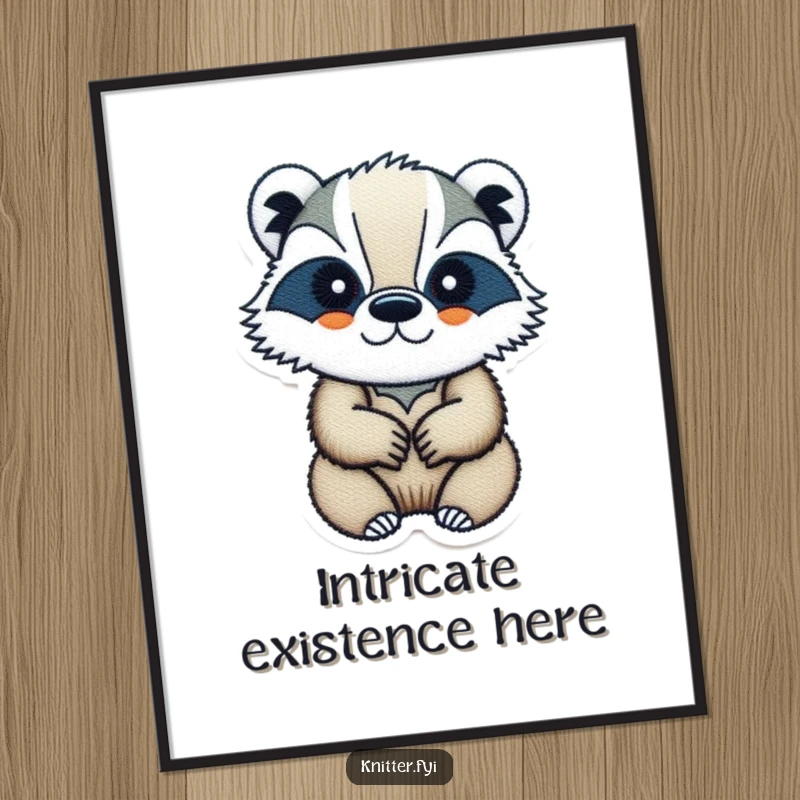 Funny badger poster of a determined badger embroidering a small design, ideal humorous art for craft rooms.