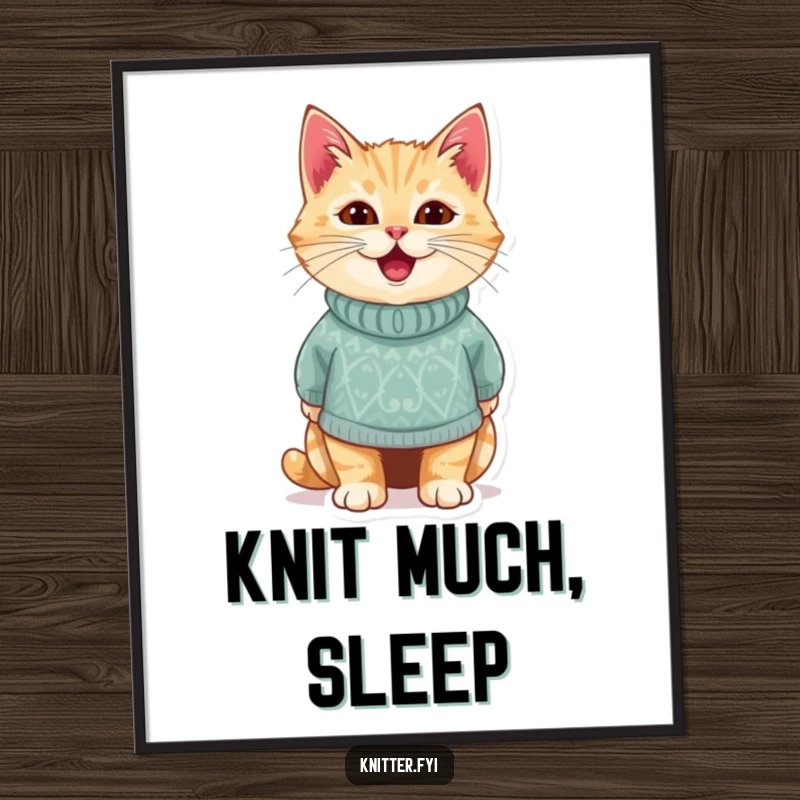 Funny poster art of a delighted cat looking pleased in a miniature, handmade knitted sweater. Adorable and humorous wall decor, perfect funny gift.
