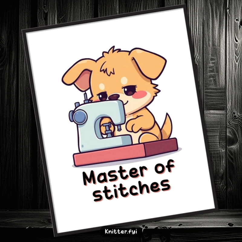 Funny Dog Sewing Poster displaying a determined dog character using a sewing machine with great focus, for craft rooms.
