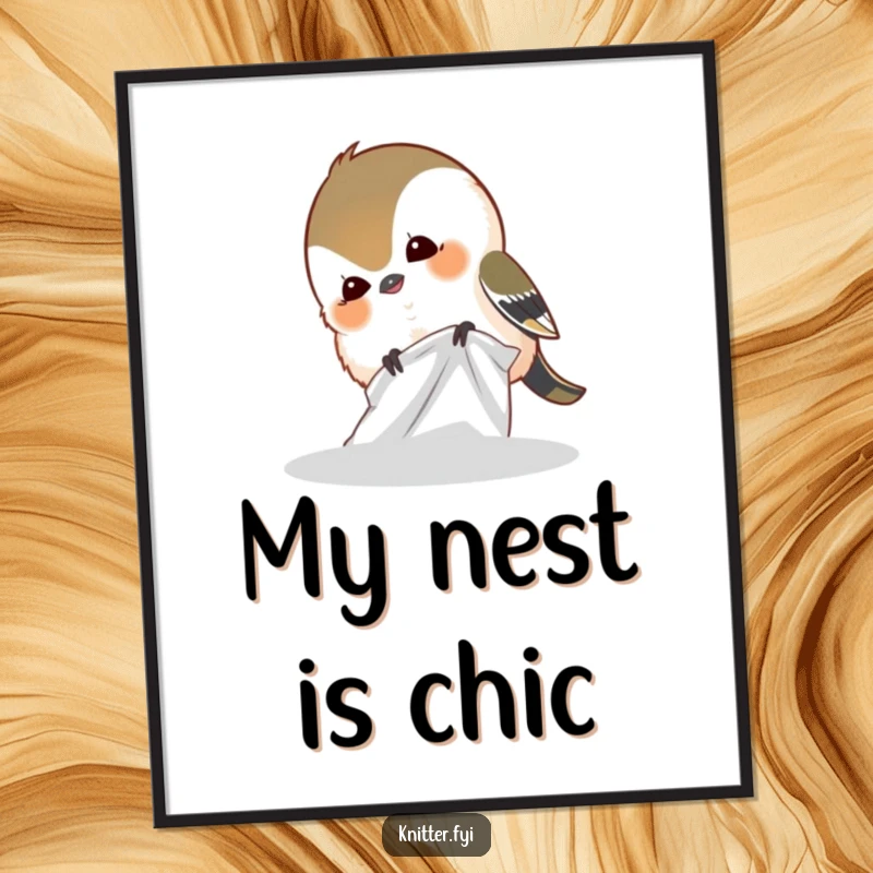 Funny poster print showing a joyful chickadee bird pecking with glee at a colorful fabric swatch, creating a humorous scene.