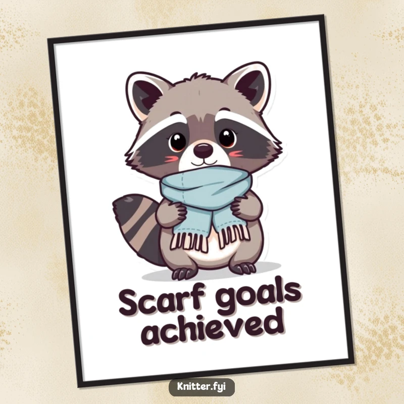 Funny Kawaii raccoon character looking very proud, displaying a tiny, perfectly stitched scarf it just finished, a humorous poster.