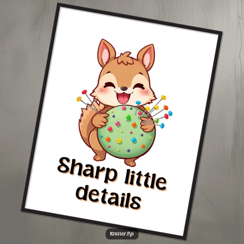 Funny squirrel poster featuring a joyful squirrel holding a colorful pincushion with many pins, ideal humorous wall art.