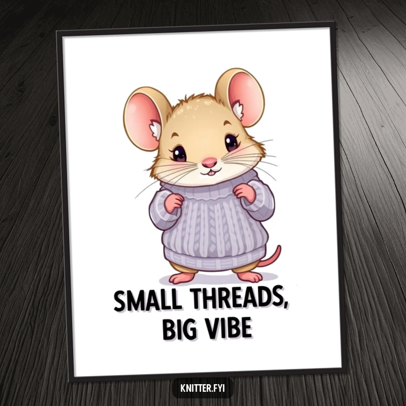 Funny mouse poster of a curious mouse trying on a miniature knitted sweater, perfect for adding whimsical and humorous decor.