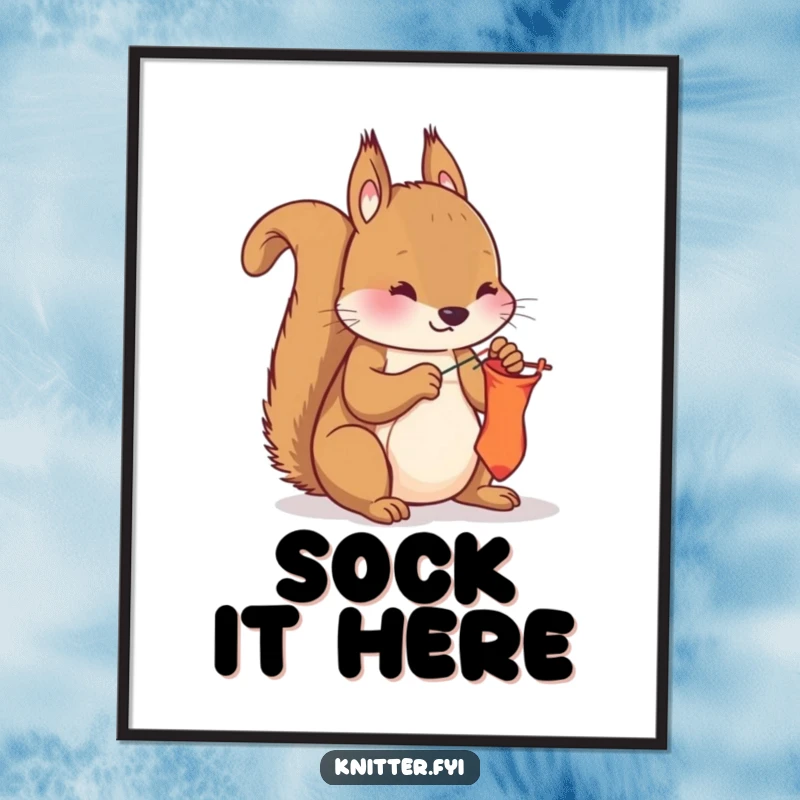 Funny squirrel mending poster, a focused squirrel using needle and thread to repair a sock, whimsical and resourceful art.