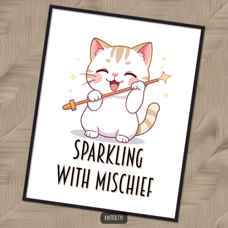 Funny poster art: a playful cat character enthusiastically threading a giant, sparkling needle, symbolizing focus and fun.