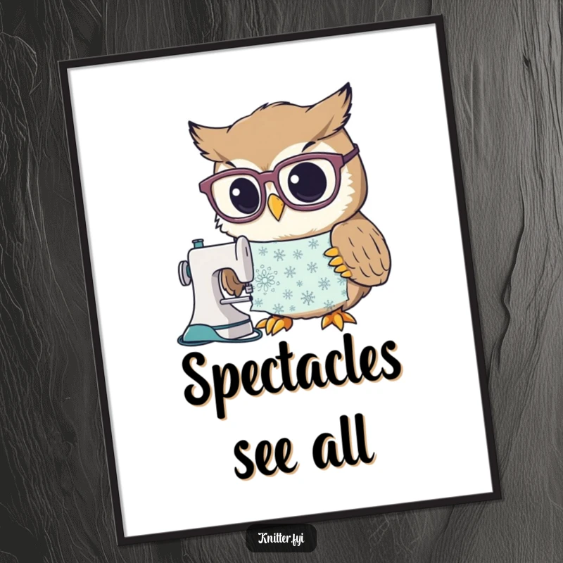 Funny poster art of a curious owl wearing large spectacles, concentrating on a detailed sewing pattern, adding whimsy to decor.