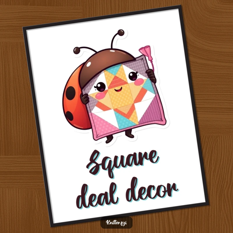 Funny ladybug poster print of a proud character showcasing a perfectly stitched quilt square, adding charm to walls.