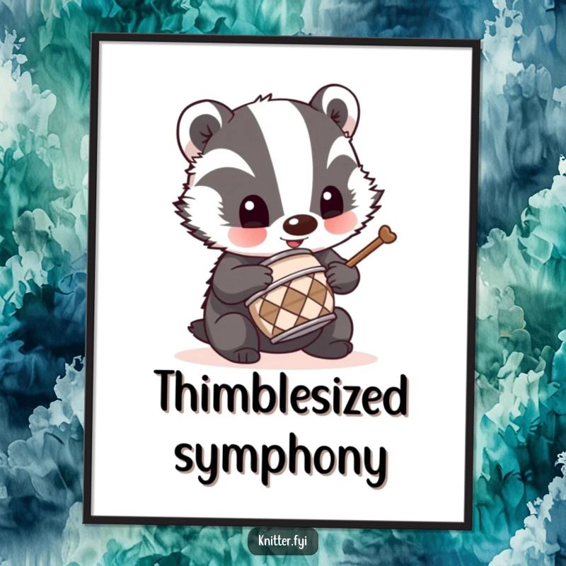 Funny badger drummer poster showing a mischievous badger energetically drumming on a tiny thimble, awesome wall art.