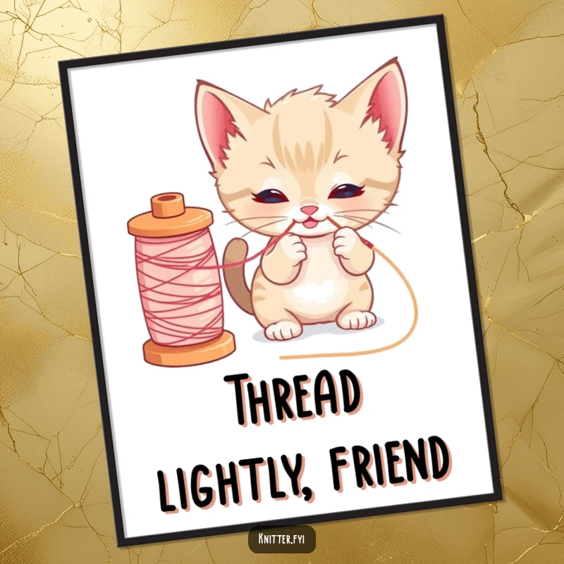 Funny kitten sewing poster showcasing a curious cat playfully pulling loose thread from a large yarn spool, ideal wall art.