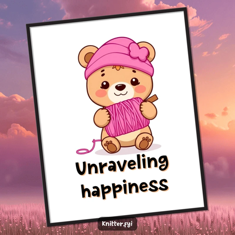 Funny bear cub poster holding a spool of vibrant pink yarn, smiling, perfect for adding whimsical and humorous wall decor.