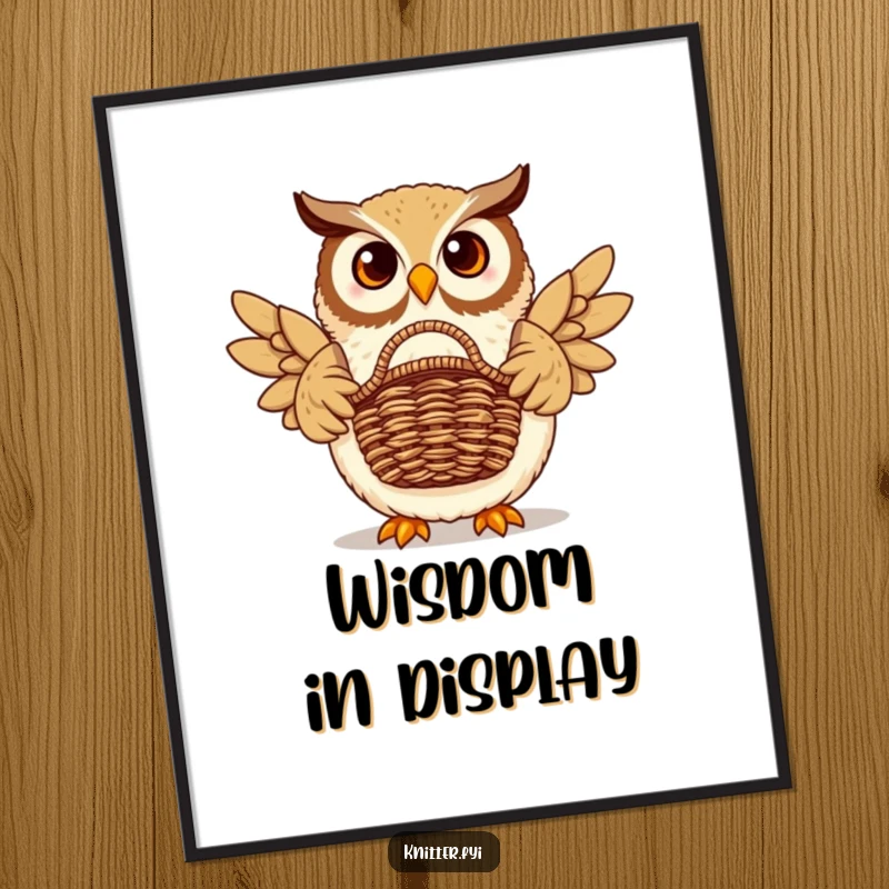 Funny owl poster featuring a proud owl displaying a beautifully woven basket. Artistic and humorous.