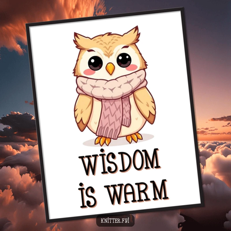 Funny owl knitting poster showing a happy owl proudly displaying a perfectly knitted scarf, ideal wall art.