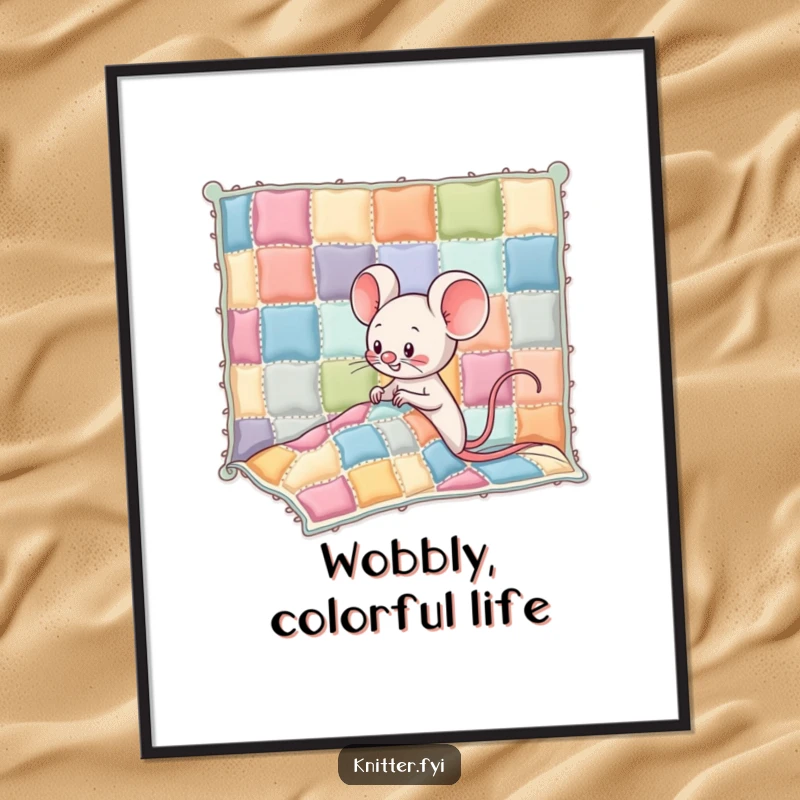Funny Kawaii mouse character giggling while sewing colorful patches onto a wobbly quilt, a humorous and artistic poster.